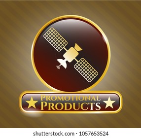  Shiny emblem with satelite Gold emblem or badge with satelite icon and Promotional Products text inside icon and Promotional Products text inside
