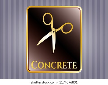  Shiny emblem with scissors icon and Concrete text inside