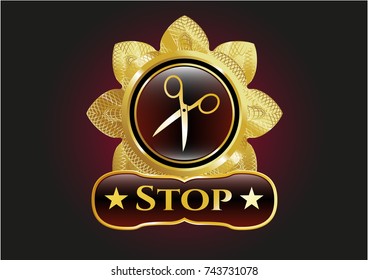  Shiny emblem with scissors icon and Stop text inside
