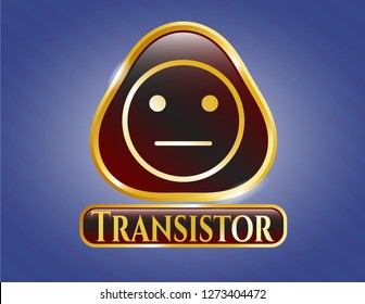  Shiny emblem with serious face icon and Transistor text inside