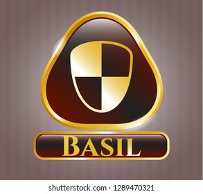  Shiny emblem with shield, safety icon and Basil text inside