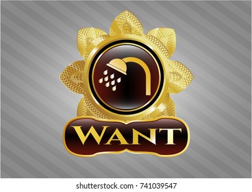  Shiny emblem with shower icon and Want text inside