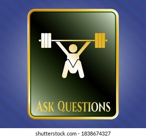 Shiny emblem with snatch, weightlifting icon and Ask Questions text inside