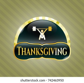  Shiny emblem with snatch, weightlifting icon and Thanksgiving text inside