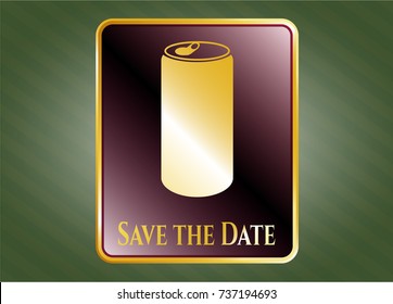  Shiny emblem with soda can icon and Save the Date text inside