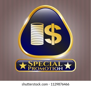  Shiny emblem with stack of coins icon and Special Promotion text inside