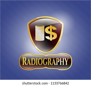  Shiny emblem with stack of coins icon and Radiography text inside