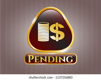  Shiny emblem with stack of coins icon and Pending text inside
