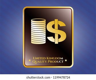  Shiny emblem with stack of coins icon and United Kingdom Quality Product text inside