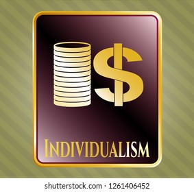  Shiny emblem with stack of coins icon and Individualism text inside