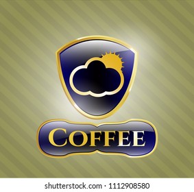   Shiny emblem with sun behind cloud icon and Coffee text inside