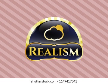  Shiny emblem with sun behind cloud icon and Realism text inside