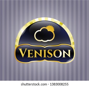  Shiny emblem with sun behind cloud icon and Venison text inside
