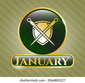 Shiny emblem with swords crossed with shield icon and January text inside