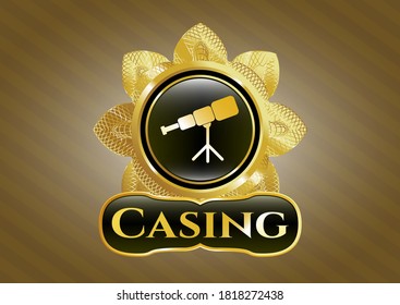 Emblema brillante con icono del telescopio y texto de Casing dentro