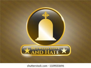   Shiny emblem with tombstone icon and Between Love and Hate text inside