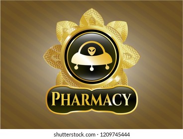  Shiny emblem with ufo with aline inside icon and Pharmacy text inside