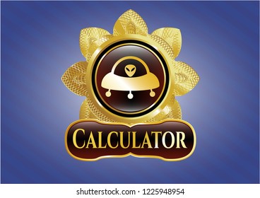  Shiny emblem with ufo with aline inside icon and Calculator text inside