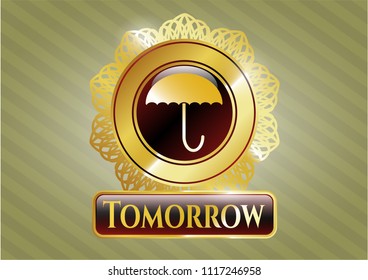  Shiny emblem with umbrella icon and Tomorrow text inside