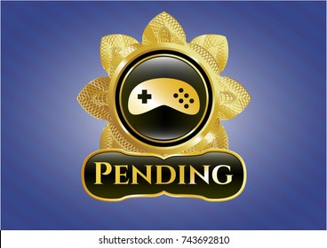  Shiny emblem with video game icon and Pending text inside