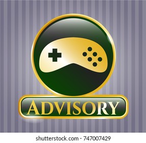  Shiny emblem with video game icon and Advisory text inside