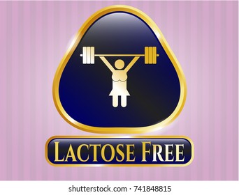  Shiny emblem with weightlifter girl icon and Lactose Free text inside