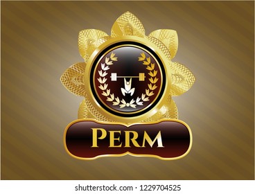  Shiny emblem with weightlifting inside of crown icon and Perm text inside