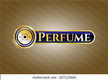  Shiny emblem with weightlifting or powerlifting plate (45 lbs) icon and Perfume text inside