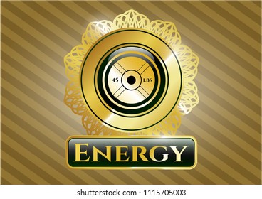  Shiny emblem with weightlifting or powerlifting plate (45 lbs) icon and Energy text inside