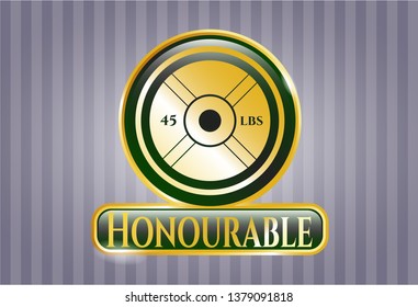  Shiny emblem with weightlifting or powerlifting plate (45 lbs) icon and Honourable text inside