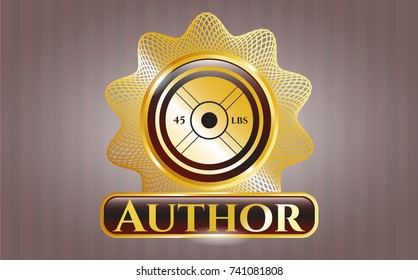  Shiny emblem with weightlifting or powerlifting plate (45 lbs) icon and Author text inside