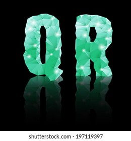 Shiny emerald green polygonal font with reflection on black background. Crystal style Q and R letters