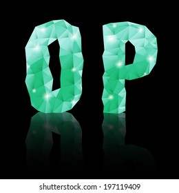 Shiny emerald green polygonal font with reflection on black background. Crystal style O and P letters