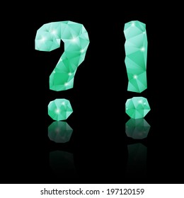 Shiny emerald green polygonal font with reflection on black background. Crystal style question and exclamation marks