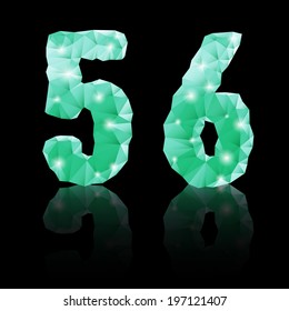 Shiny emerald green polygonal font with reflection on black background.  Crystal style 5 and 6 numerals
