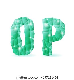 Shiny emerald green polygonal font. Crystal style O and P letters