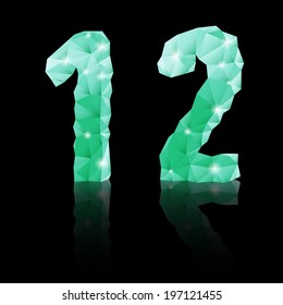 Shiny emerald green polygonal font with reflection on black background. Crystal style 1 and 2 numerals
