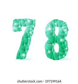 Shiny emerald green polygonal font on white background. Crystal style 7 and 8 numerals