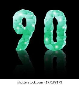 Shiny emerald green polygonal font with reflection on black background. Crystal style 9 and 0 numerals