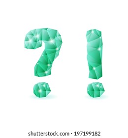 Shiny emerald green polygonal font. Crystal style question and exclamation marks