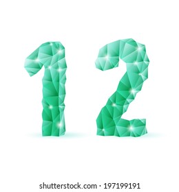 Shiny emerald green polygonal font on white background. Crystal style 1 and 2 numerals