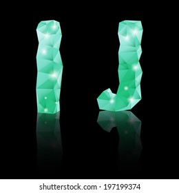 Shiny emerald green polygonal font with reflection on black background. Crystal style I and J letters