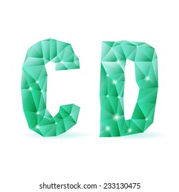 Shiny emerald green polygonal font. Crystal style C and D letters