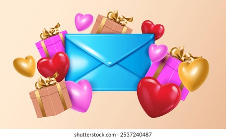 shiny envelope,gift boxes and hearts flying and decorative abstract lovely concept celebration background.valentine's day,mother's day and women's day creative and modern celebration banner.