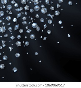 Shiny expensive diamond gems isolated on black backdrop. Jewelry and luxury vector background. Illustration of jewelry brilliant and crystal stone
