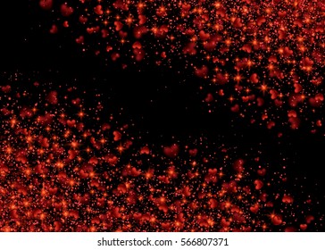 Shiny Explosion Red Hearts. Confetti Greeting Valentine's day card. Shimmer sparkle Frame Border. Vector Illustration on Black Background.