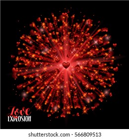 Shiny Explosion Red Hearts. Shimmer sparkle Frame Border Confetti Greeting Valentine's day card. Vector Illustration on Black Background