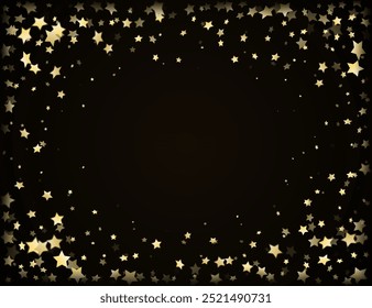 Shiny falling golden stars isolated on black background. Confetti or fireworks at party. Vector illustration.