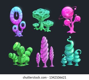 Shiny fantasy alien plants. Vector magic nushrooms icons set.