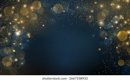 Shiny Festive Background. Abstract Gold Glitter Background. Bokeh and Confetti Design Element for Merry Christmas and Happy New Year Banner, Poster, Website Congratulations. Holiday Party BG.